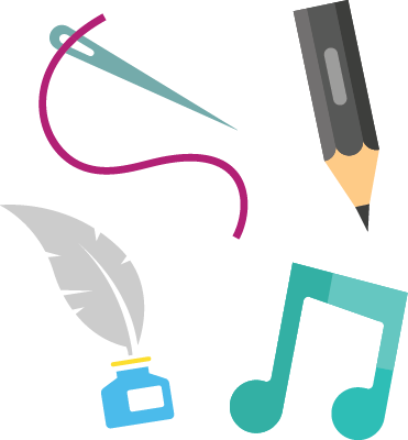 Needle and thread, Pencil, Quill, and Music note arranged in a square.