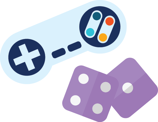 Video game controller and pair of six-sided dice.